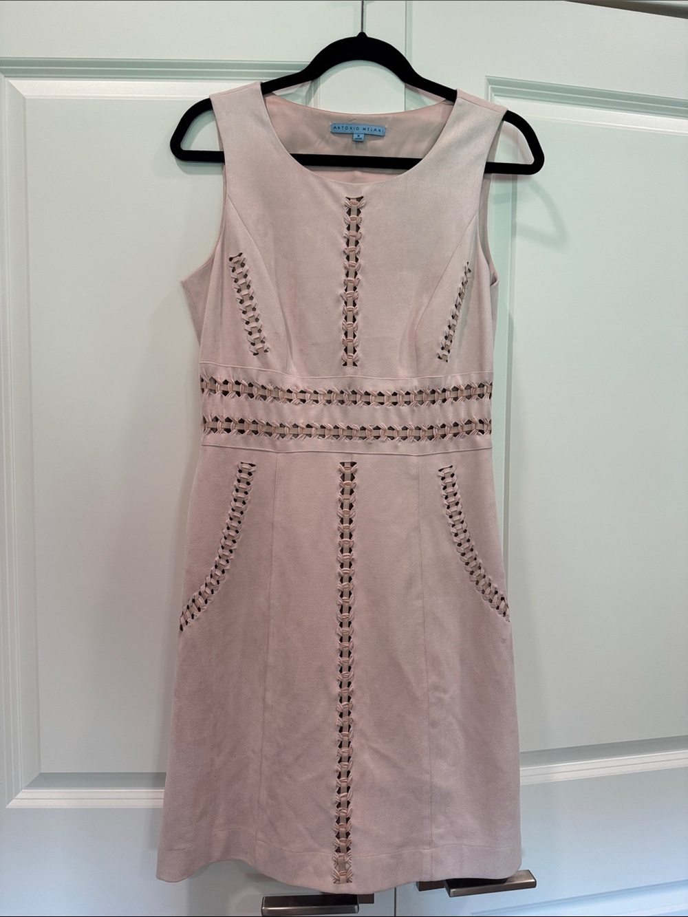 ANTONIO MELANI Dusty Blush Lace-Trim Midi Sheath Dress